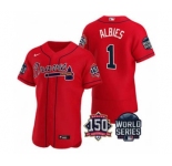 Men's Atlanta Braves #1 Ozzie Albies 2021 Red World Series Flex Base With 150th Anniversary Patch Baseball Jersey
