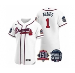 Men's Atlanta Braves #1 Ozzie Albies 2021 White World Series Flex Base With 150th Anniversary Patch Baseball Jersey