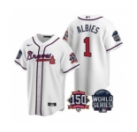 Men's Atlanta Braves #1 Ozzie Albies 2021 White World Series With 150th Anniversary Patch Cool Base Baseball Jersey
