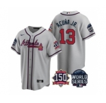 Men's Atlanta Braves #13 Ronald Acuna Jr. 2021 Gray World Series With 150th Anniversary Patch Cool Base Baseball Jersey