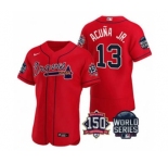 Men's Atlanta Braves #13 Ronald Acuna Jr. 2021 Red World Series Flex Base With 150th Anniversary Patch Baseball Jersey