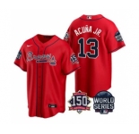 Men's Atlanta Braves #13 Ronald Acuna Jr. 2021 Red World Series With 150th Anniversary Patch Cool Base Baseball Jersey