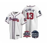 Men's Atlanta Braves #13 Ronald Acuna Jr. 2021 White World Series With 150th Anniversary Patch Cool Base Baseball Jersey