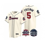 Men's Atlanta Braves #5 Freddie Freeman 2021 Cream World Series With 150th Anniversary Patch Cool Base Baseball Jersey