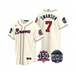 Men's Atlanta Braves #7 Dansby Swanson 2021 Cream World Series With 150th Anniversary Patch Cool Base Baseball Jersey