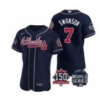 Men's Atlanta Braves #7 Dansby Swanson 2021 Navy World Series Flex Base With 150th Anniversary Patch Baseball Jersey