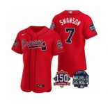 Men's Atlanta Braves #7 Dansby Swanson 2021 Red World Series Flex Base With 150th Anniversary Patch Baseball Jersey