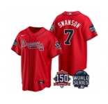 Men's Atlanta Braves #7 Dansby Swanson 2021 Red World Series With 150th Anniversary Patch Cool Base Baseball Jersey