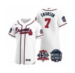 Men's Atlanta Braves #7 Dansby Swanson 2021 White World Series Flex Base With 150th Anniversary Patch Baseball Jersey