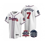 Men's Atlanta Braves #7 Dansby Swanson 2021 White World Series With 150th Anniversary Patch Cool Base Baseball Jersey