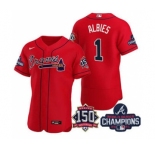 Men's Atlanta Braves #1 Ozzie Albies 2021 Red World Series Champions With 150th Anniversary Flex Base Stitched Jersey