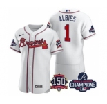 Men's Atlanta Braves #1 Ozzie Albies 2021 White World Series Champions With 150th Anniversary Flex Base Stitched Jersey