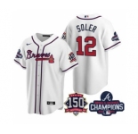 Men's Atlanta Braves #12 Jorge Soler 2021 White World Series Champions With 150th Anniversary Patch Cool Base Stitched Jersey