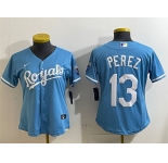 Women's Kansas City Royals #13 Salvador Perez Light Blue Cool Base Stitched Jersey