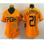 Women's Pittsburgh Pirates #21 Roberto Clemente Number Yellow 2023 City Connect Stitched Jersey2