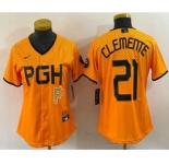 Women's Pittsburgh Pirates #21 Roberto Clemente Yellow 2023 City Connect Stitched Jersey1
