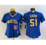 Women's Seattle Mariners #51 Ichiro Suzuki Number Blue 2023 City Connect Cool Base Stitched Jersey1