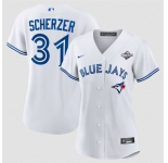 Women's Toronto Blue Jays #31 Max Scherzer White 2025 World Series Home Cool Base Stitched Baseball Jersey