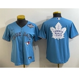 Women's Toronto Blue Jays & Leafs Blue 2025 World Series With White Leafs Logo Cool Base Stitched Baseball Jersey