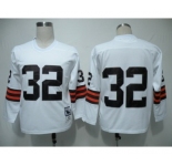 Cleveland Browns #32 Jim Brown White Long-Sleeved Throwback Jersey