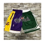 Men's Los Angeles Lakers and Boston Celtics Purle With Green 2008 The Finals Patch Split Hardwood Classics Soul Swingman Throwback Shorts