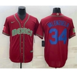 Men's Mexico Baseball #34 Fernando Valenzuela 2023 Red Blue World Baseball Classic Stitched Jersey