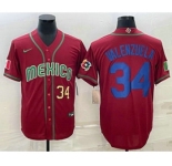 Men's Mexico Baseball #34 Fernando Valenzuela Number 2023 Red Blue World Baseball Classic Stitched Jersey2