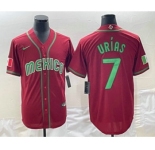 Men's Mexico Baseball #7 Julio Urias 2023 Red Green World Baseball Classic Stitched Jerseys