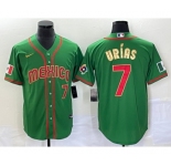 Men's Mexico Baseball #7 Julio Urias Number 2023 Green Red Gold World Baseball Classic Stitched Jersey 2