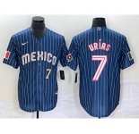 Men's Mexico Baseball #7 Julio Urias Number Navy Blue Pinstripe 2020 World Series Cool Base Nike Jersey 1