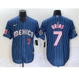 Men's Mexico Baseball #7 Julio Urias Number Navy Blue Pinstripe 2020 World Series Cool Base Nike Jersey3