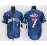 Men's Mexico Baseball #7 Julio Urias Number Navy Blue Pinstripe 2020 World Series Cool Base Nike Jersey4
