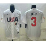 Men's USA Baseball #3 Mookie Betts 2023 White World Baseball Classic Replica Stitched Jerseys