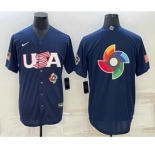 Men's USA Baseball Blank 2023 Navy World Baseball Big Logo Classic Stitched Jersey