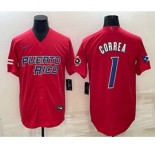 Men's Puerto Rico Baseball #1 Carlos Correa 2023 Red World Baseball Classic Stitched Jerseys