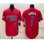 Mens Puerto Rico Baseball #1 Carlos Correa Number 2023 Red World Baseball Classic Stitched Jersey