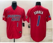 Men's Puerto Rico Baseball #1 Carlos Correa Number 2023 Red World Baseball Classic Stitched Jersey