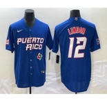 Men's Puerto Rico Baseball #12 Francisco Lindor 2023 Royal World Classic Stitched Jersey