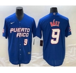 Men's Puerto Rico Baseball #9 Javier Baez Number 2023 Blue World Baseball Classic Stitched Jerseys