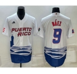 Men's Puerto Rico Baseball #9 Javier Baez White 2023 World Baseball Classic Stitched Jersey