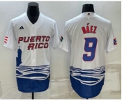 Men's Puerto Rico Baseball #9 Javier Baez White 2023 World Baseball Classic Stitched Jersey