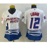 Women's Puerto Rico Baseball #12 Francisco Lindor 2023 White World Classic Stitched Jersey