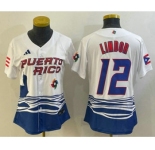 Women's Puerto Rico Baseball #12 Francisco Lindor 2023 White World Classic Stitched Jerseys