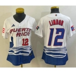 Women's Puerto Rico Baseball #12 Francisco Lindor Number 2023 White World Classic Stitched Jerseys