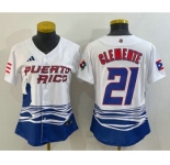 Women's Puerto Rico Baseball #21 Roberto Clemente 2023 White World Classic Stitched Jerseys