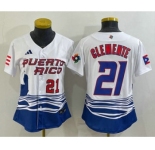 Women's Puerto Rico Baseball #21 Roberto Clemente Number 2023 White World Classic Stitched Jersey