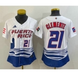 Women's Puerto Rico Baseball #21 Roberto Clemente Number 2023 White World Classic Stitched Jerseys