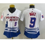 Women's Puerto Rico Baseball #9 Javier Baez Number White 2023 World Baseball Classic Stitched Jersey