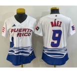 Women's Puerto Rico Baseball #9 Javier Baez White 2023 World Baseball Classic Stitched Jersey
