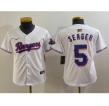 Youth Texas Rangers #5 Corey Seager White 2024 Gold Collection Limited Cool Base Jersey